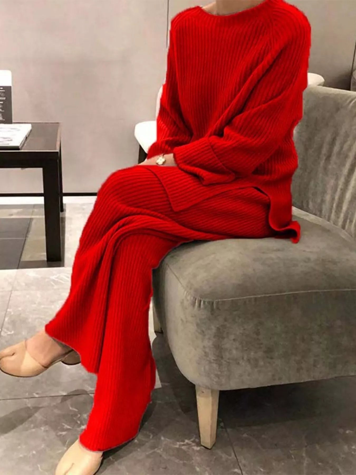 Full Size Ribbed Knit Relaxed Fit Top and Pants Sweater Set Plus Size Red OutfitFlow