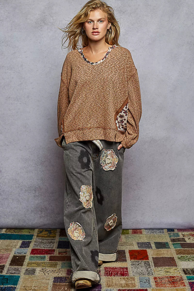 POL Balloon Sleeve Oversized Ribbed Top with Floral Pattern Contrast OutfitFlow