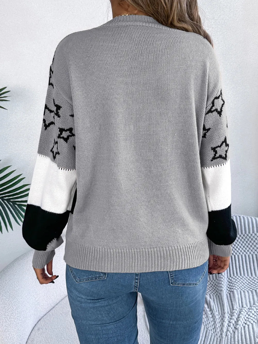 Star Contrast Round Neck Sweater OutfitFlow