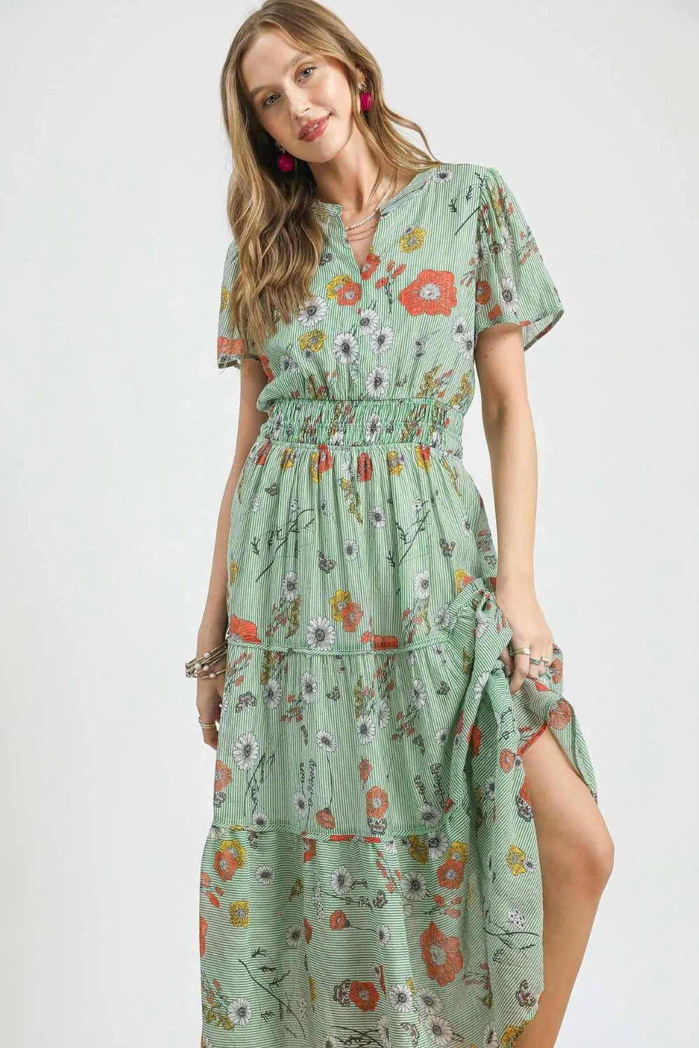 Umgee Smocked Waist Floral Short Sleeve Midi Dress OutfitFlow