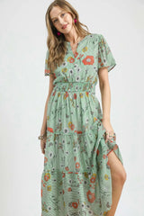 Umgee Smocked Waist Floral Short Sleeve Midi Dress OutfitFlow