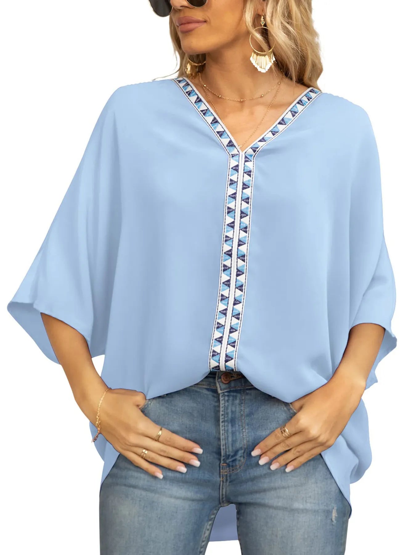 Oversized Contrast V-Neck Half Sleeve Blouse Light Blue OutfitFlow