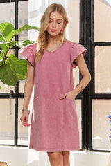 ADORA Mineral Washed V-Neck Ruffled Cap Sleeve Dress OutfitFlow