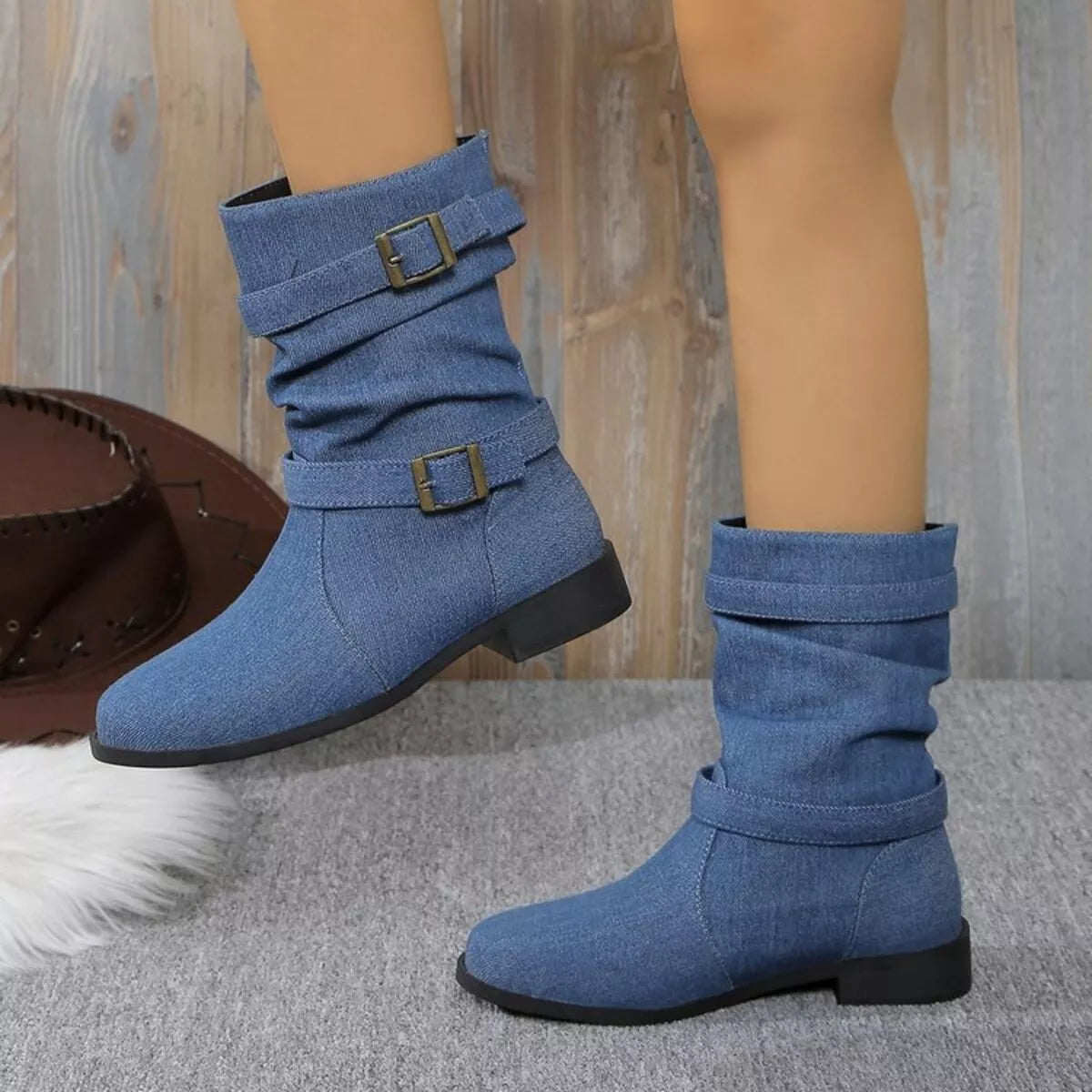 Buckle Accent Block Heel Boots Trendsi