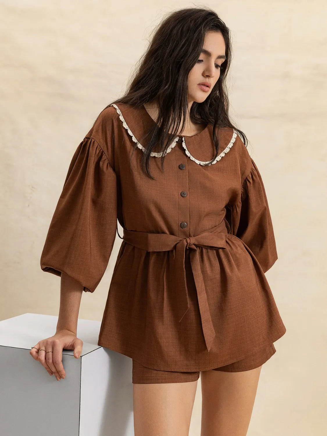 Peter Pan Collar Balloon Sleeve Top and Shorts Set OutfitFlow
