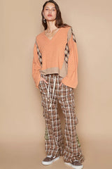 POL V-Neck Long Sleeve Plaid Contrast Top with Texture Knit Detail OutfitFlow