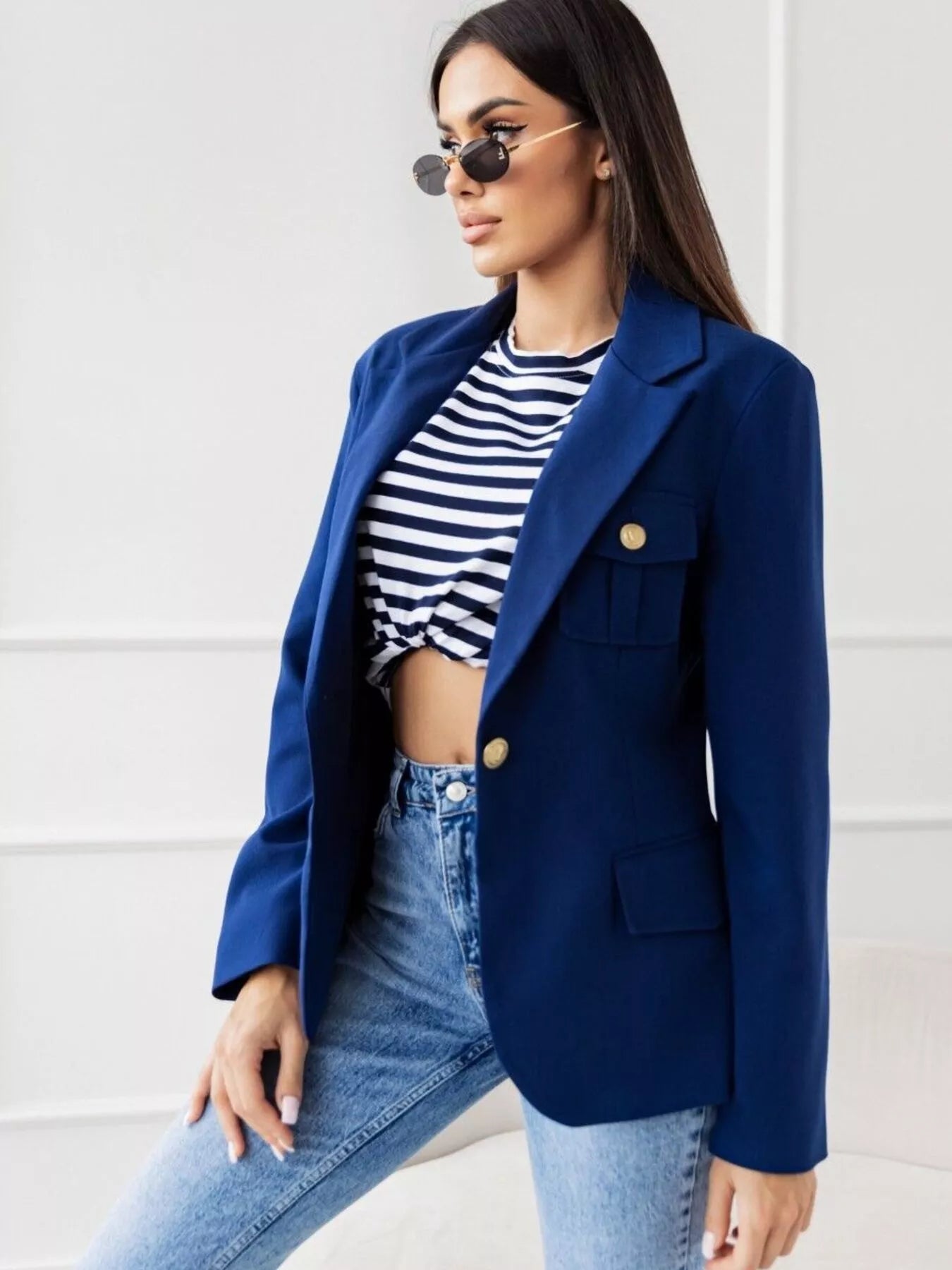 Lapel Collar One Button Blazer OutfitFlow