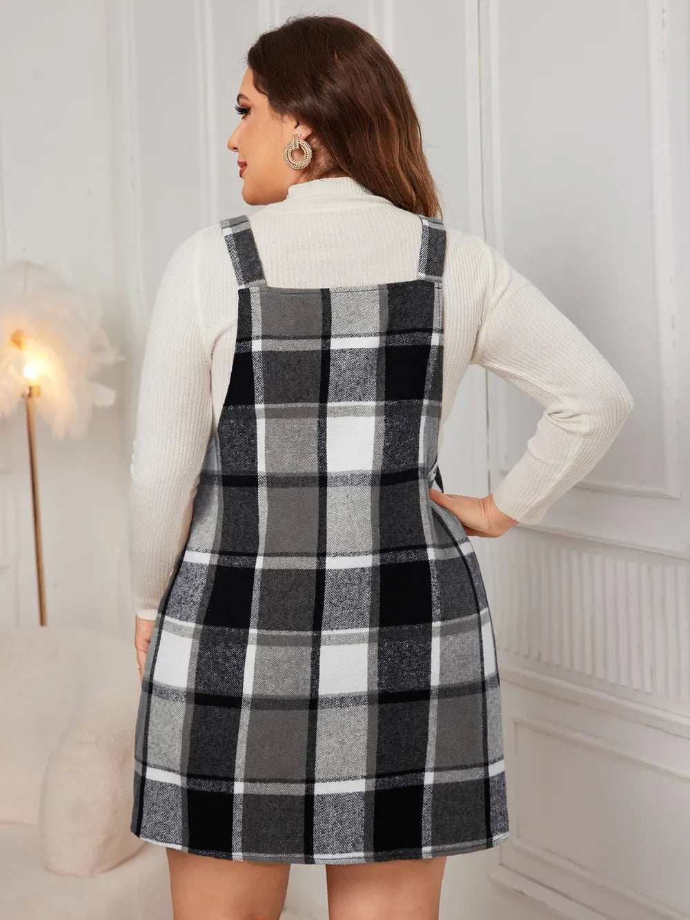 Honey Plus Size Plaid Wide Strap Overall Dress OutfitFlow