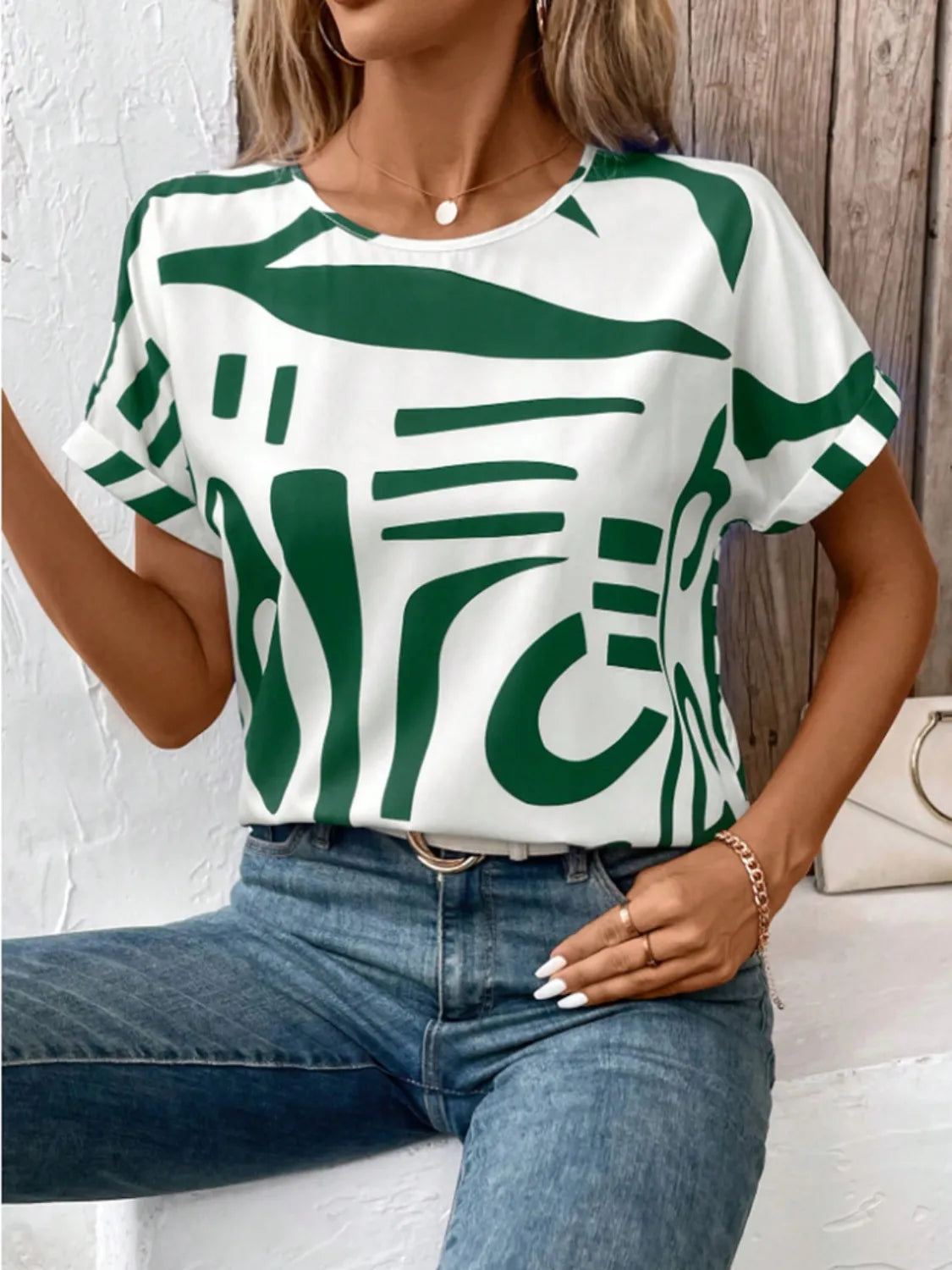 Contrast Round Neck Short Sleeve Blouse Dark Green OutfitFlow