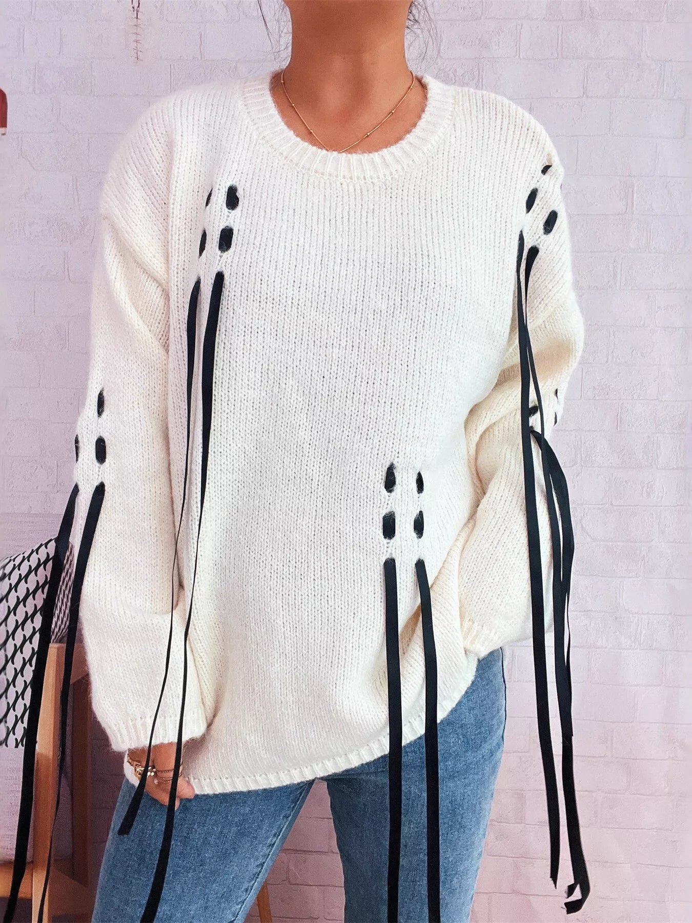Round Neck Long Sleeve Sweater with Ribbon Details White One Size OutfitFlow