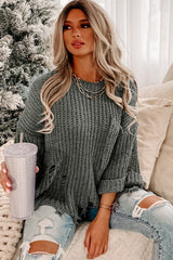 Outfit Flow - Distressed Round Neck Drop Shoulder Sweater