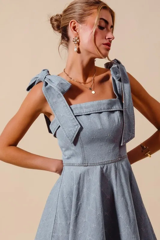SO ME A Line Fit and Flare Diamond Bow Ribbon Denim Dres OutfitFlow