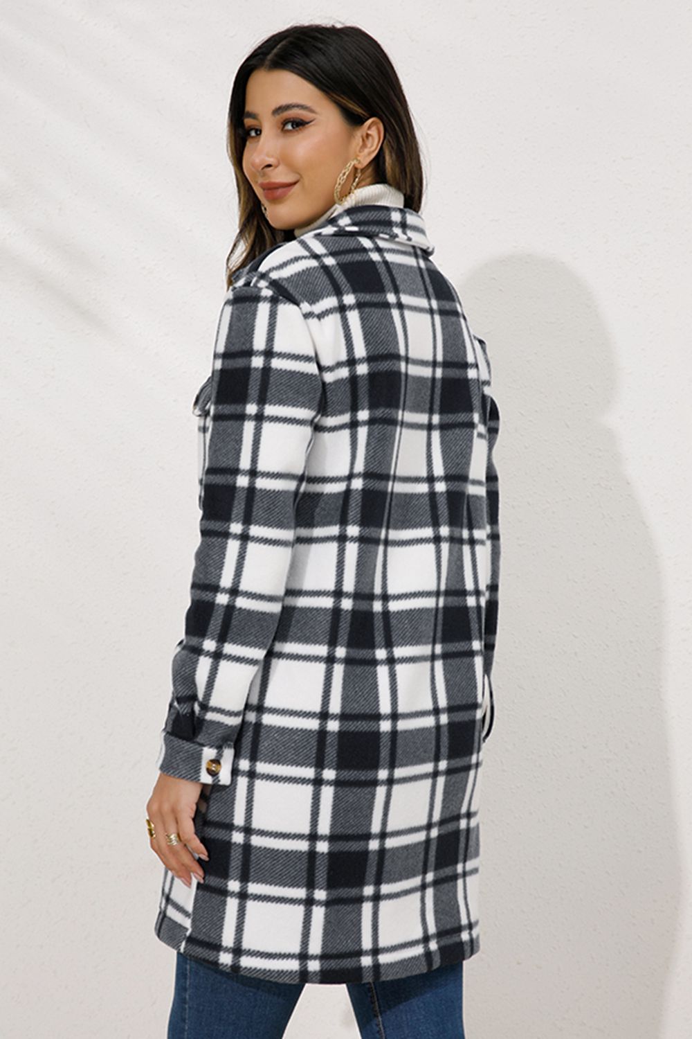Shiny Plaid Collared Longline Coat Trendsi