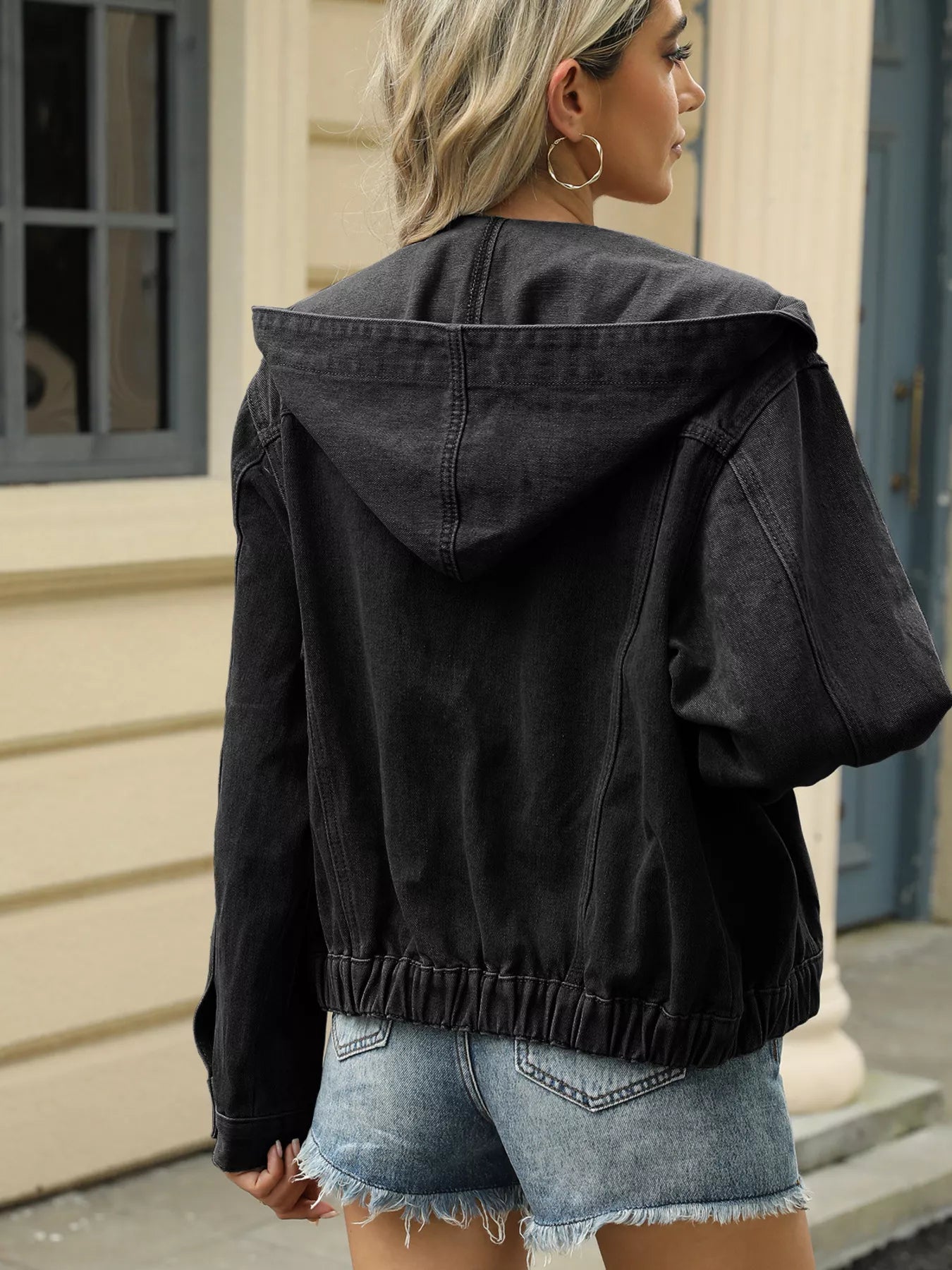 Washed Button Up Hooded Denim Jacket OutfitFlow