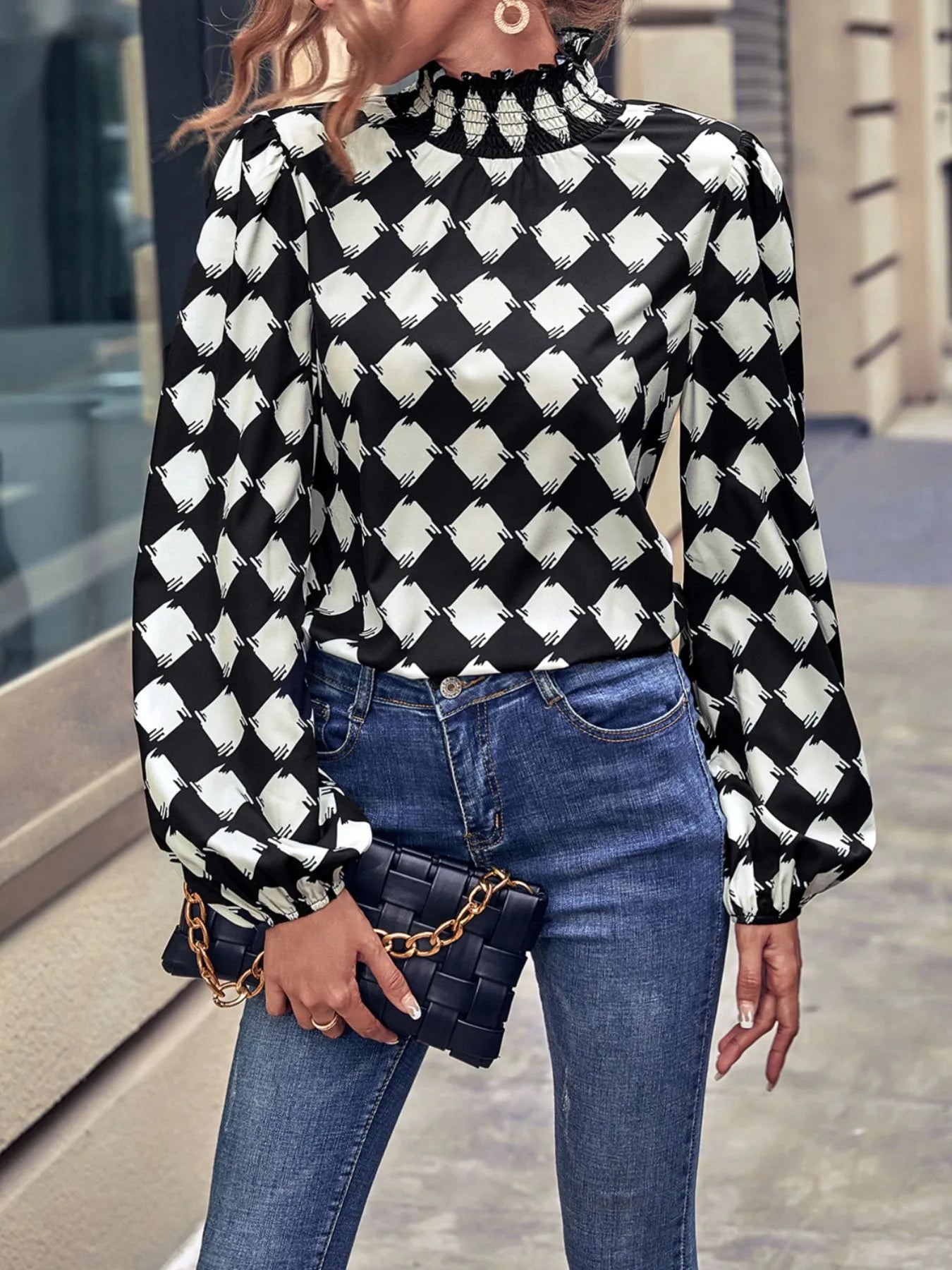 Checkered Pattern Balloon Sleeve Blouse OutfitFlow