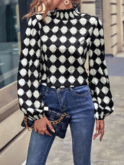 Checkered Pattern Balloon Sleeve Blouse OutfitFlow