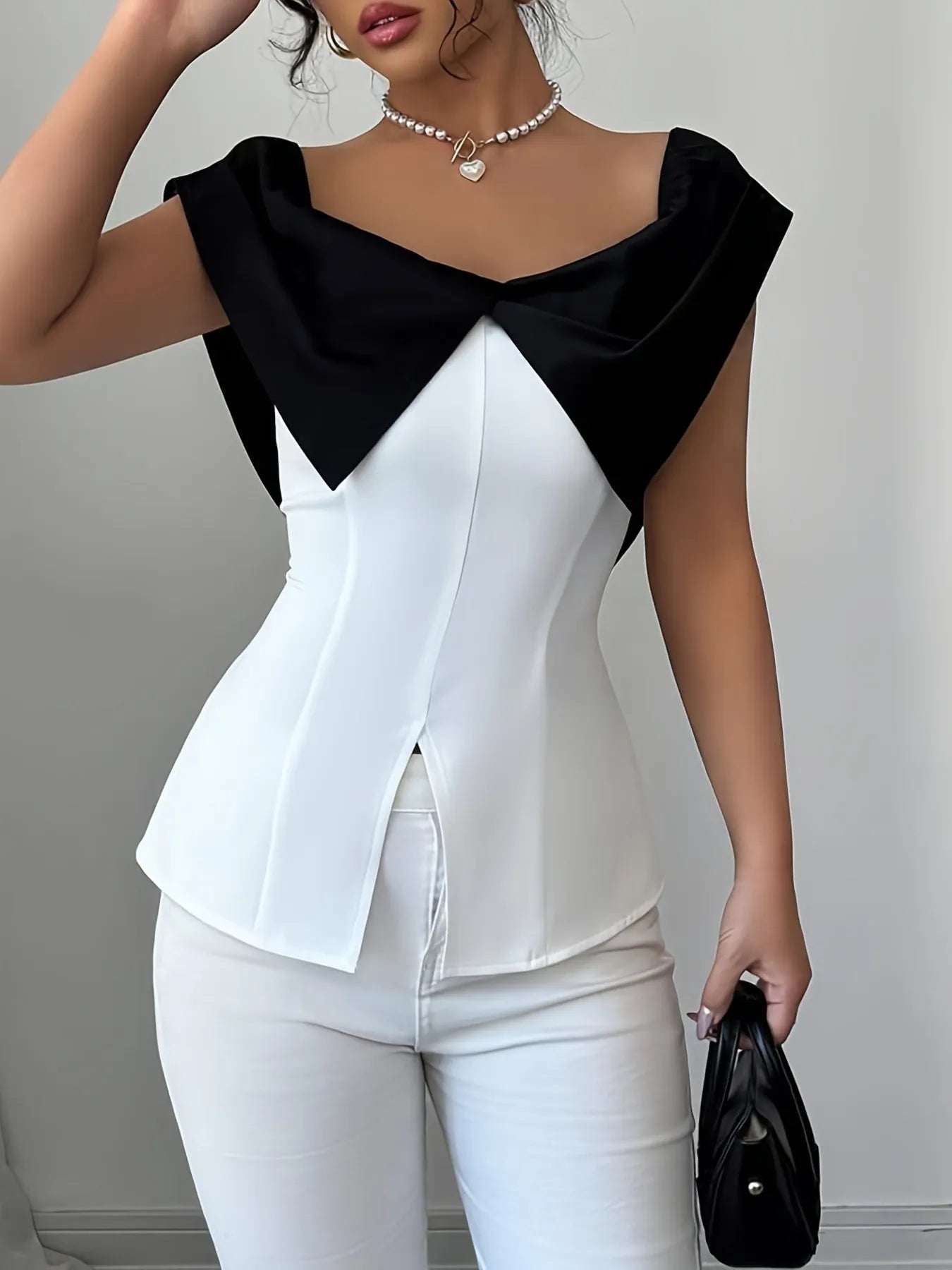 Slit Contrast Cap Sleeve Blouse OutfitFlow