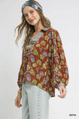 Umgee Floral Print Collar Blouse OutfitFlow