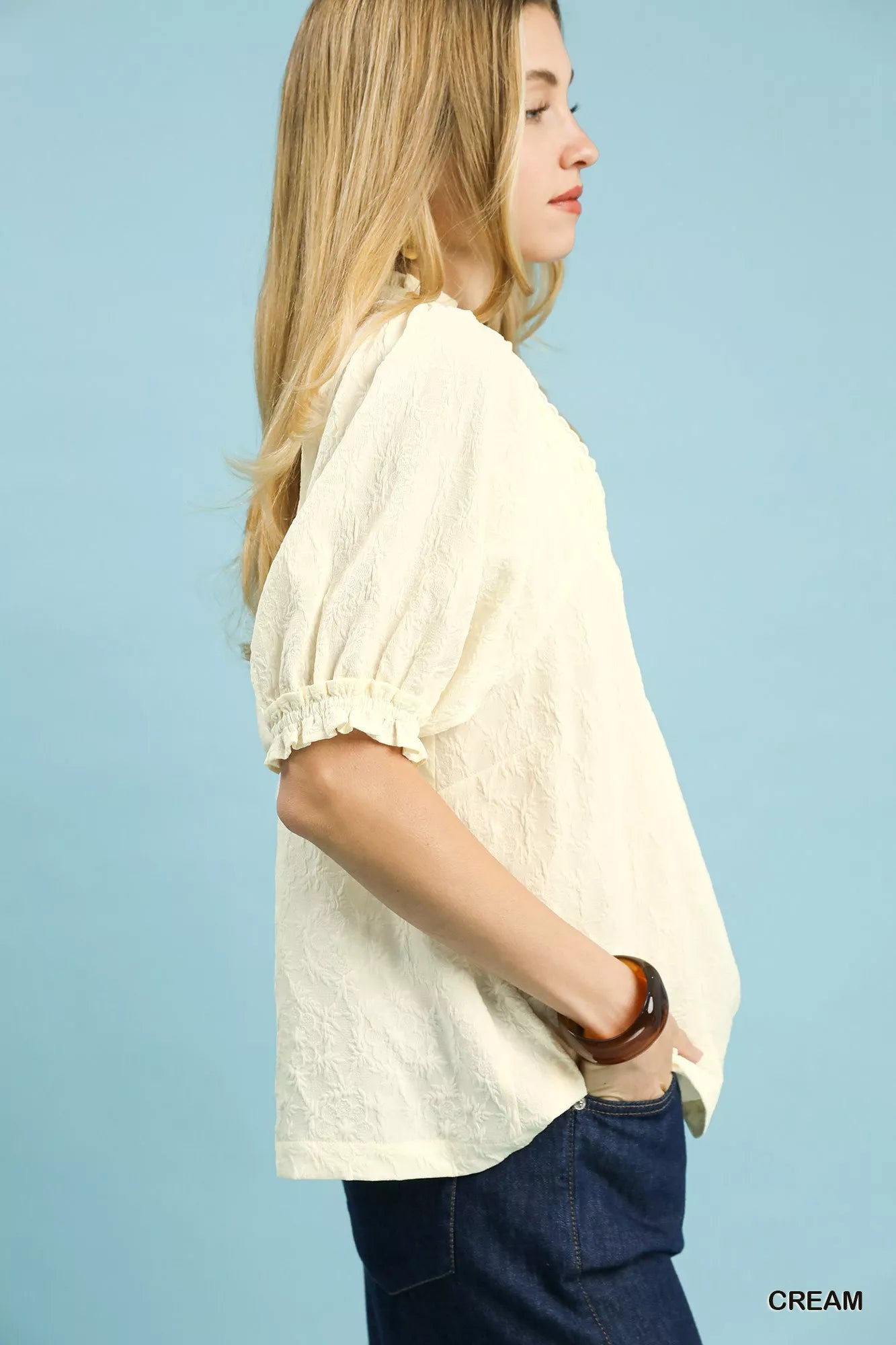 Umgee Textured Smocked Peasant Top OutfitFlow