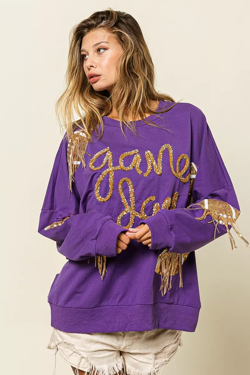 BiBi Sequin Football Patches Game Day Sweatshirt OutfitFlow