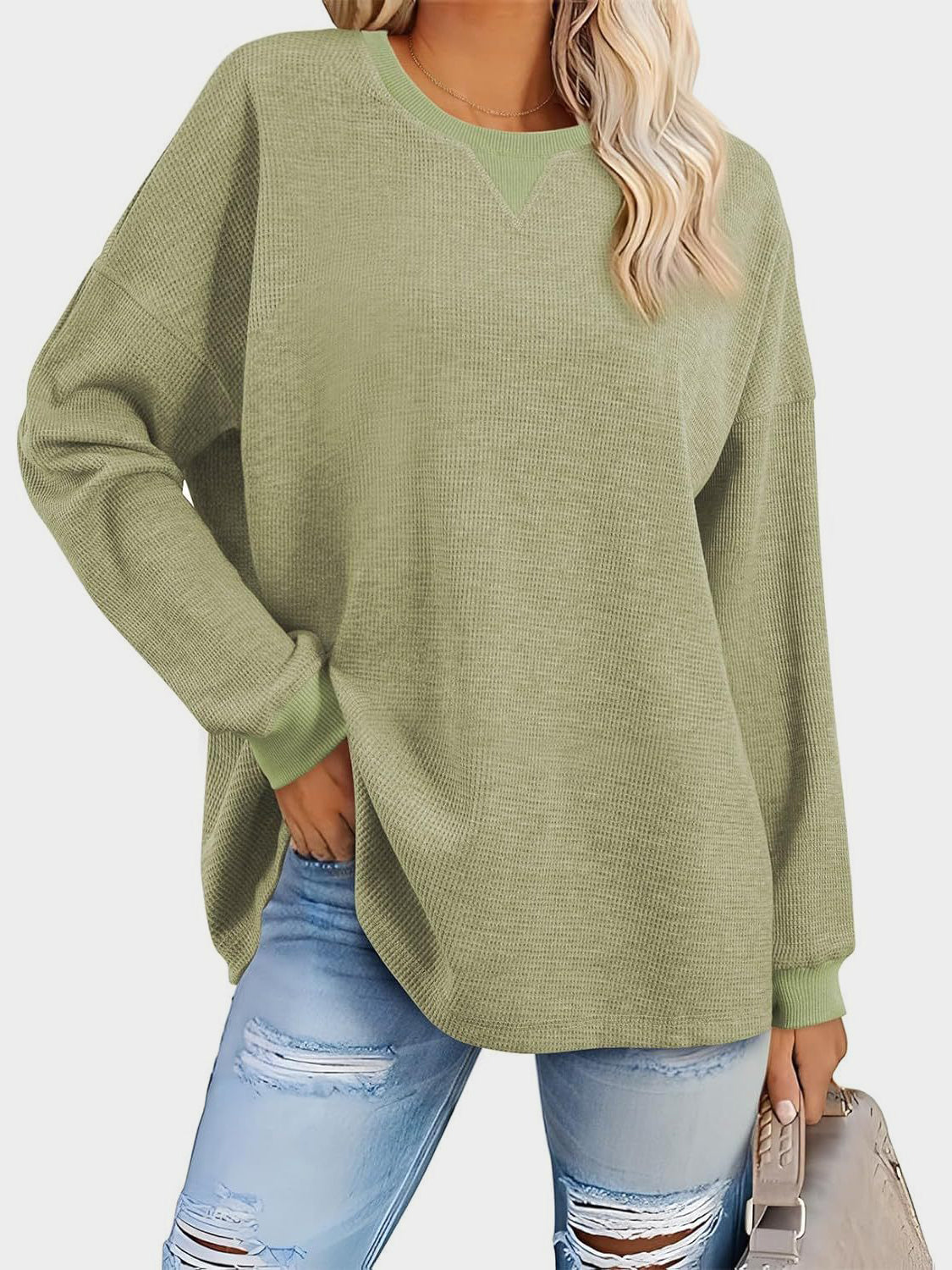 Outfit Flow - Waffle Knit Round Neck Long Sleeve T-Shirt