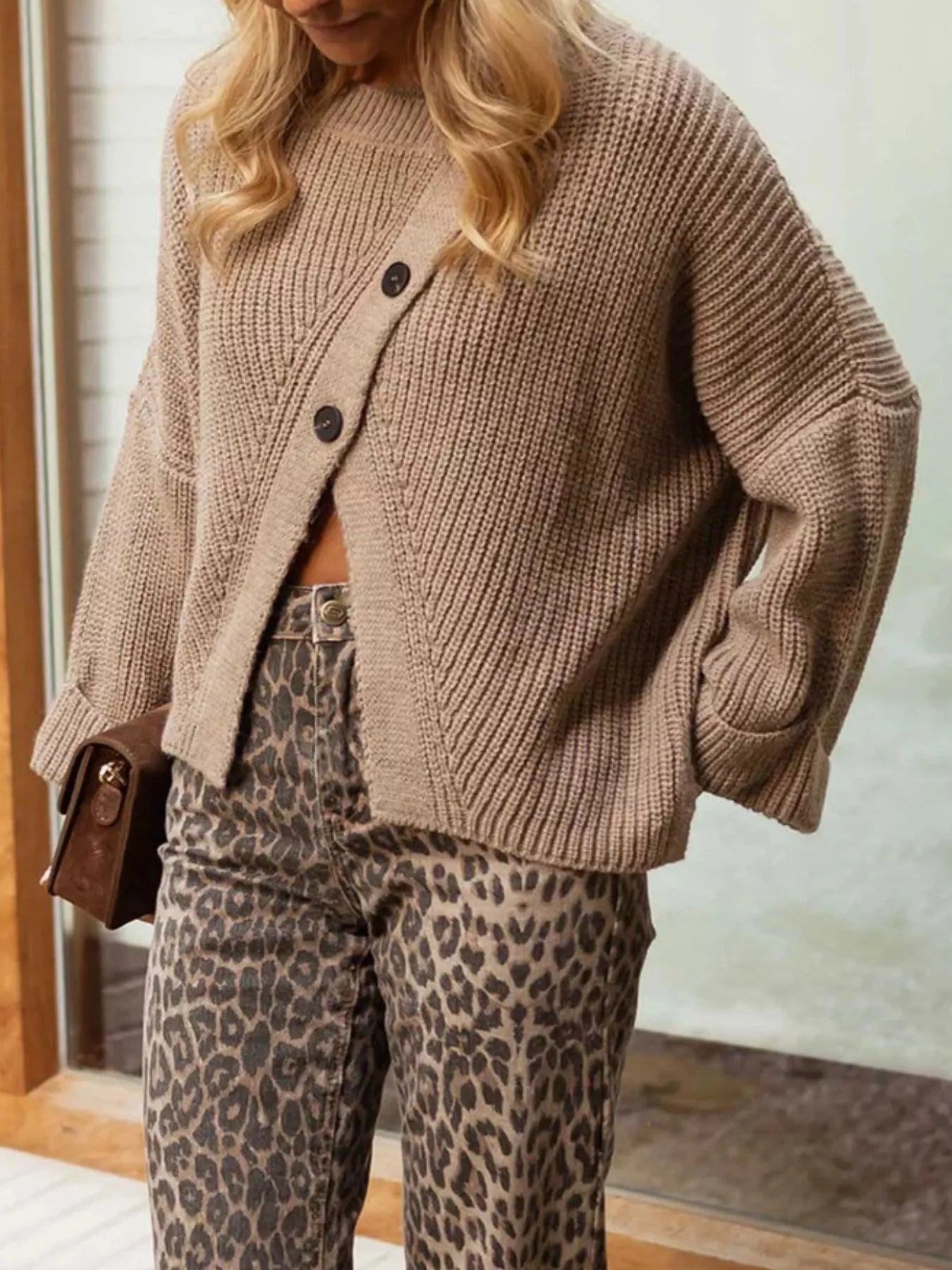 Asymmetrical Button Detail Sweater Trendsi