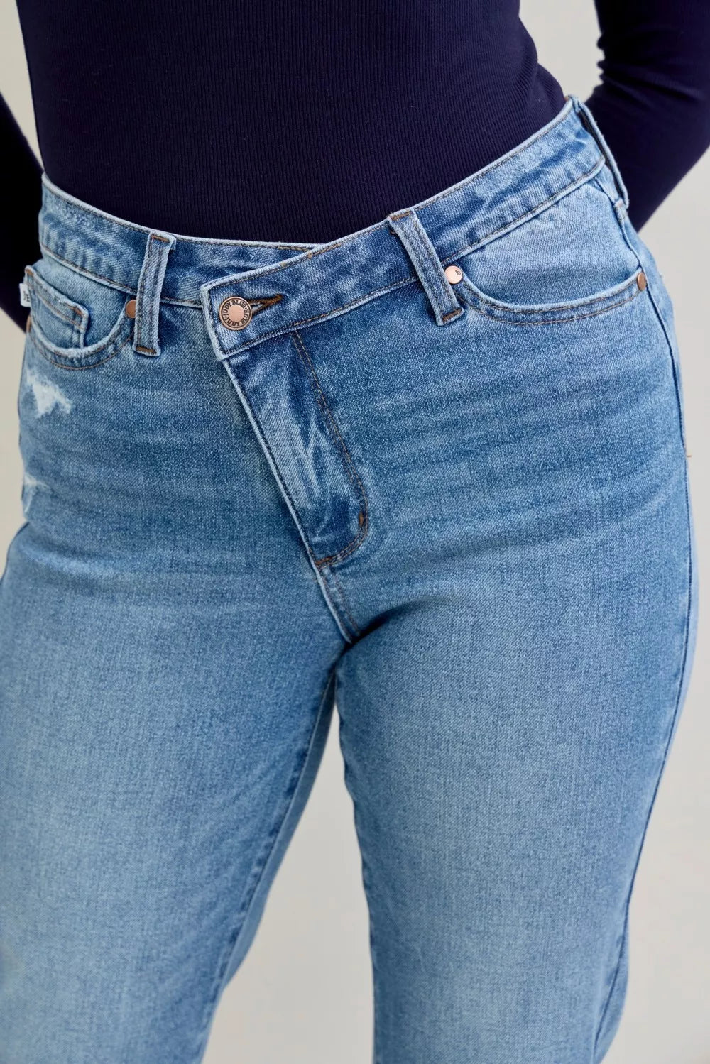 Judy Blue High Waist Bf Criss-cross Mild Destroy Jeans with Single Cuff OutfitFlow