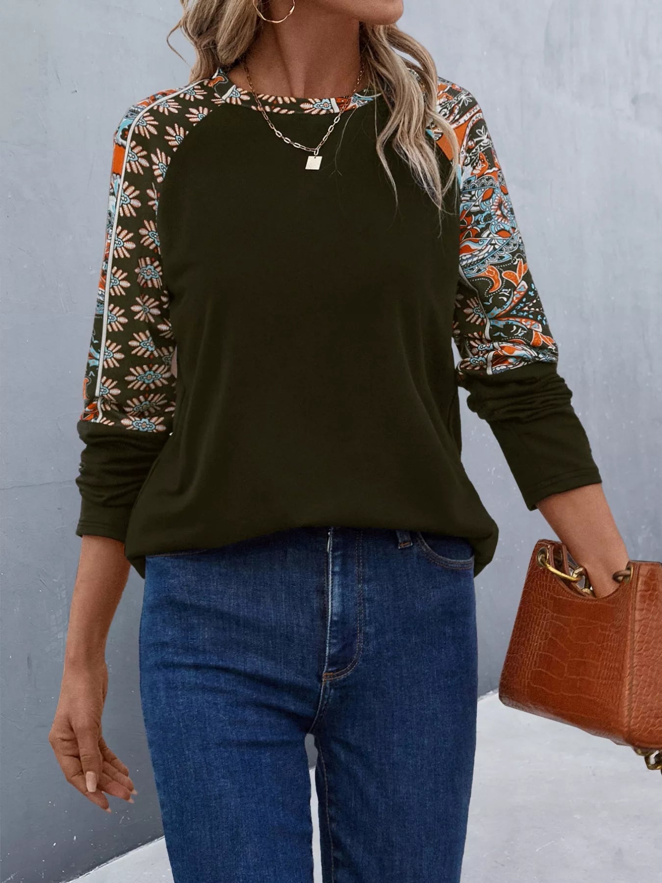 Printed Raglan Sleeve Round Neck T-Shirt Trendsi