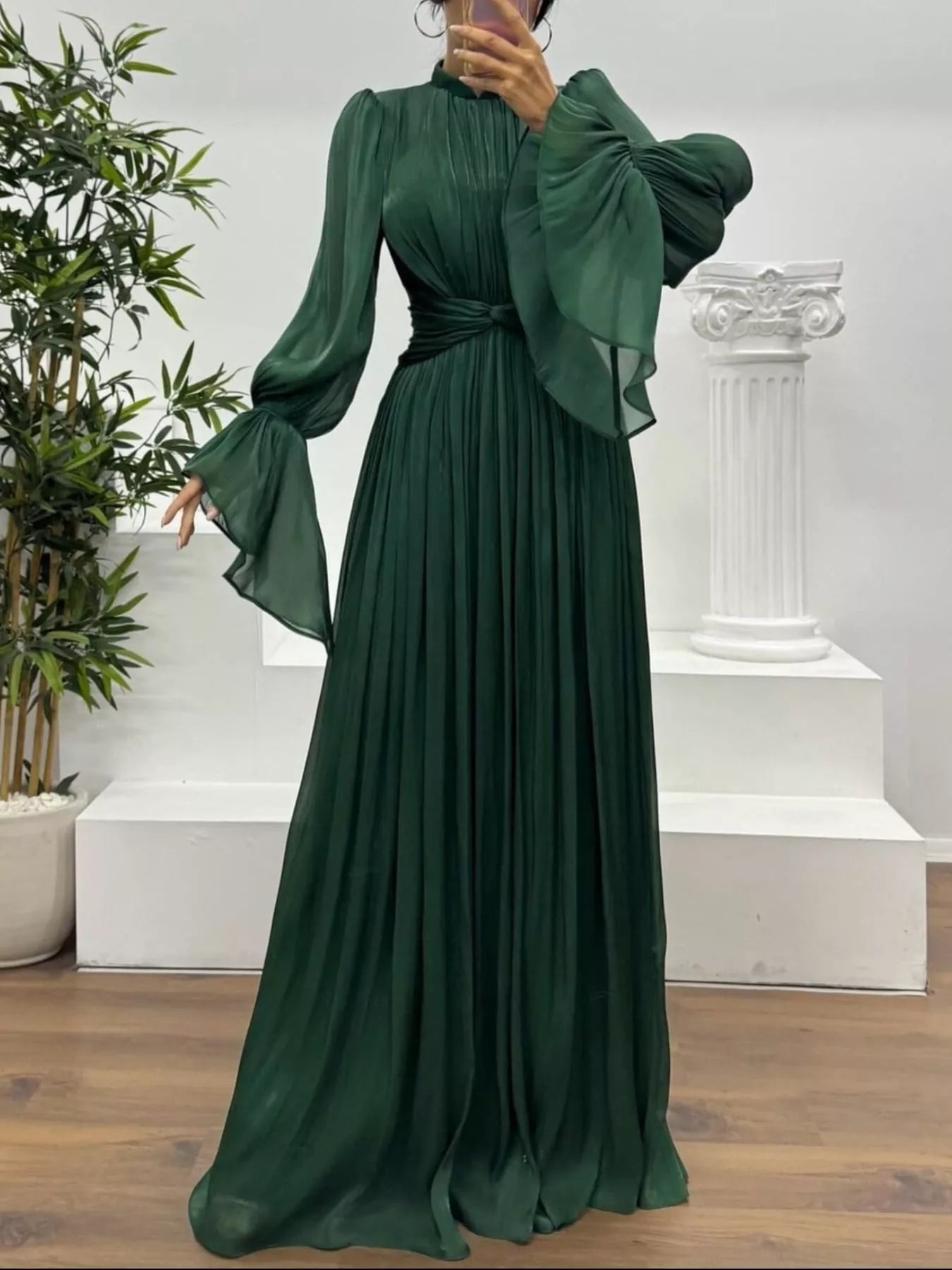Pleated Mock Neck Long Sleeve Maxi Dress OutfitFlow