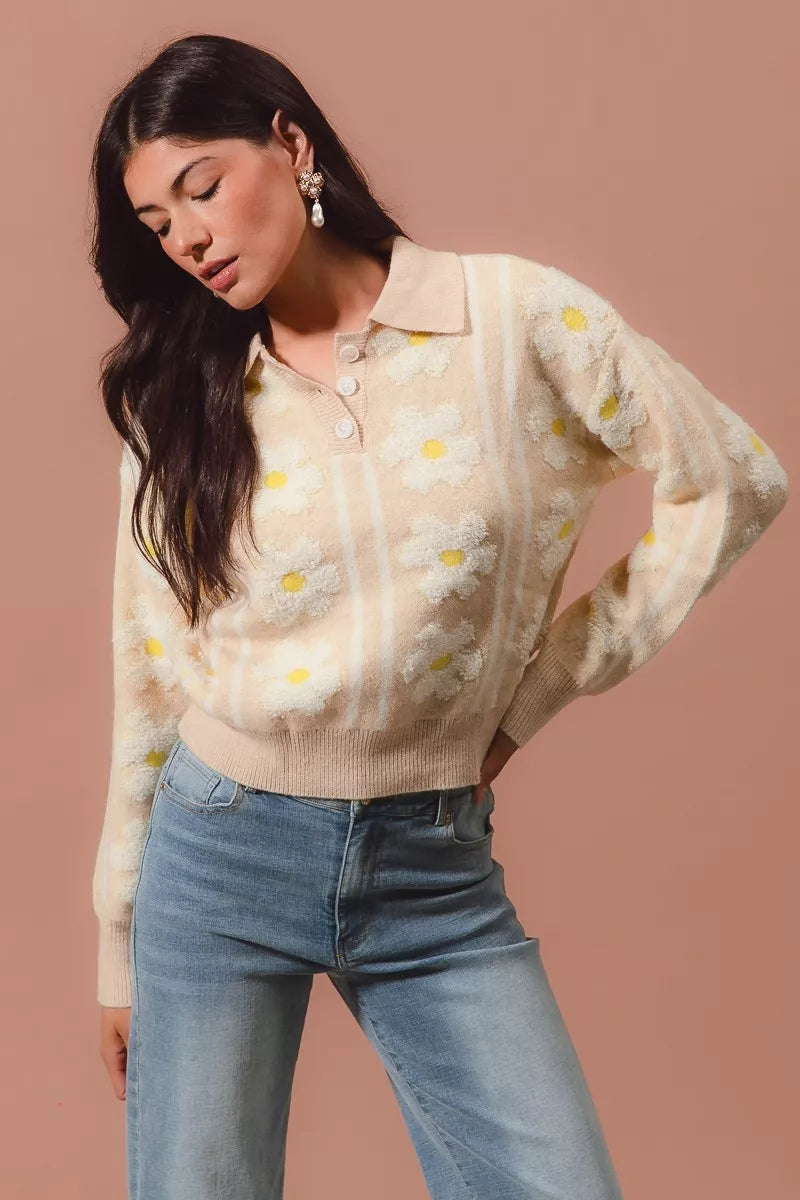 SO ME Floral Stripe Polo Collar Sweater OutfitFlow