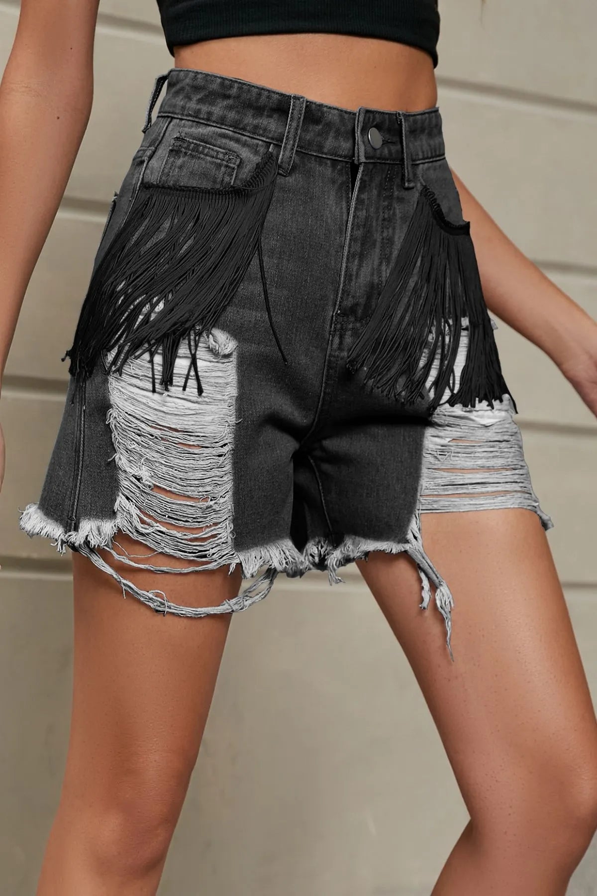 Distressed Fringe Denim Shorts OutfitFlow