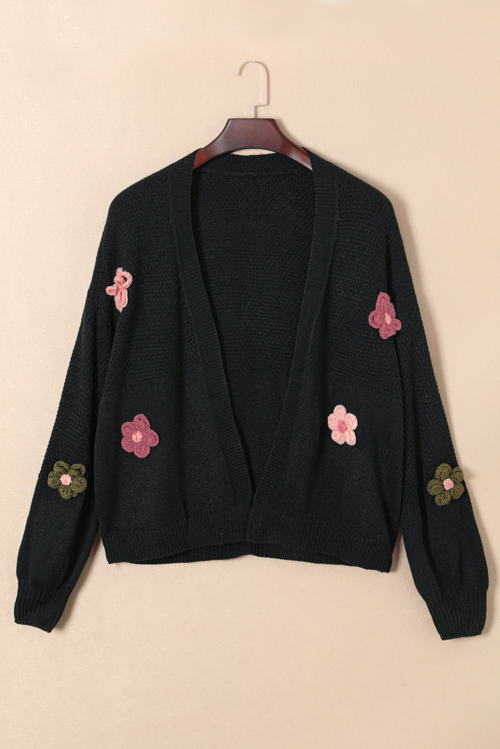 Outfit Flow - Floral Applique Drop Shoulder Open Front Cardigan