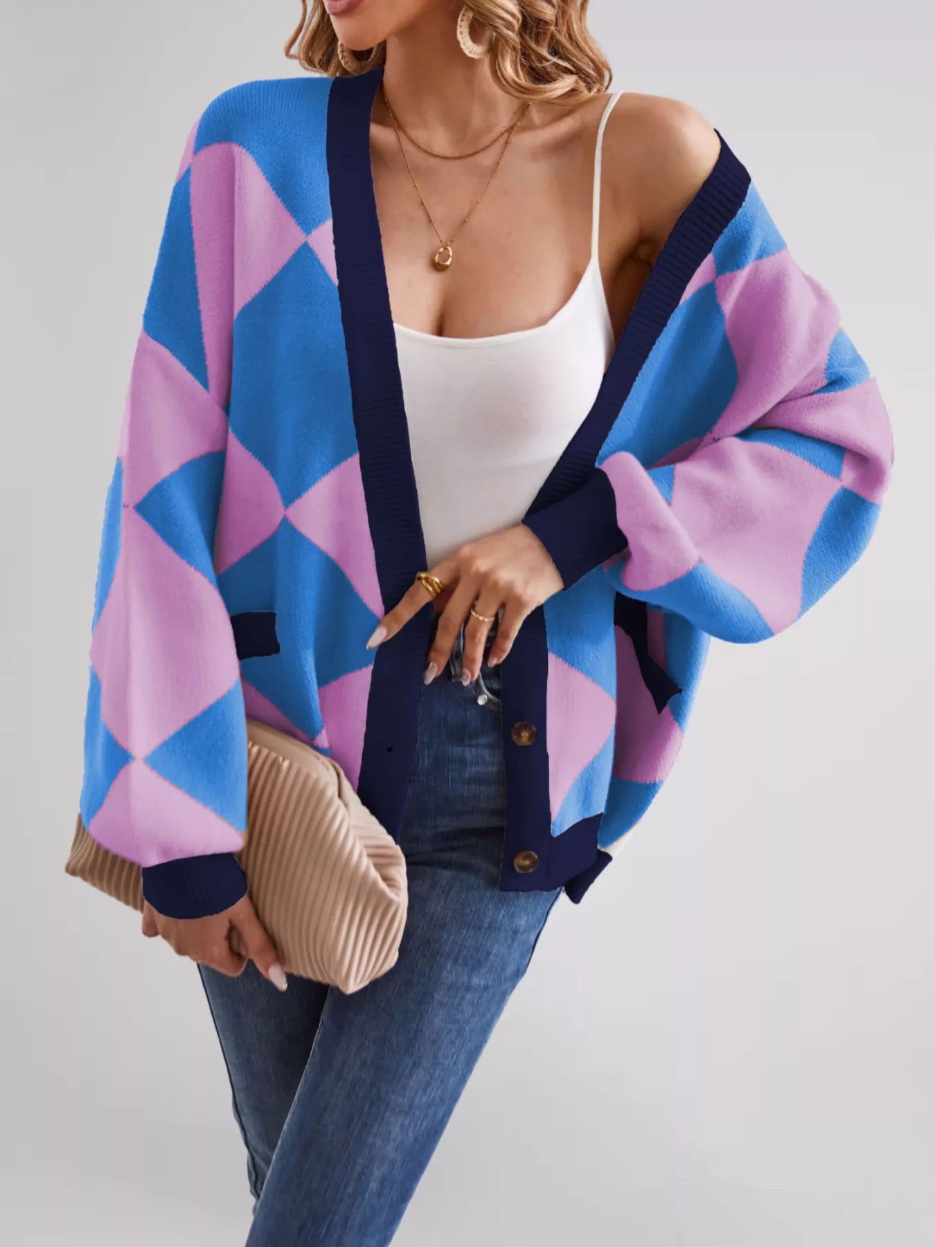 Diamond Pattern Button-Up Knit Cardigan OutfitFlow