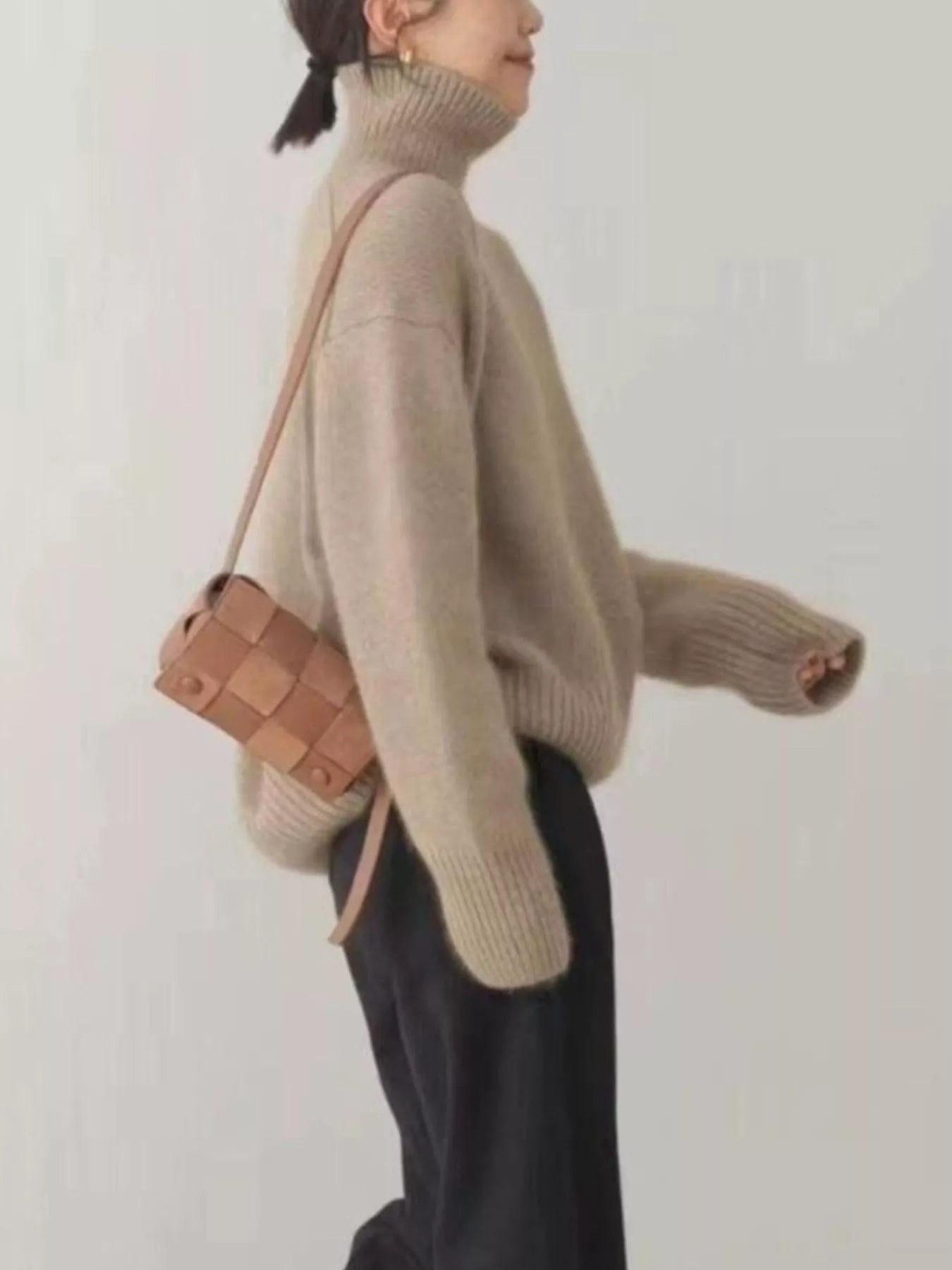 Turtleneck Dropped Shoulder Sweater OutfitFlow