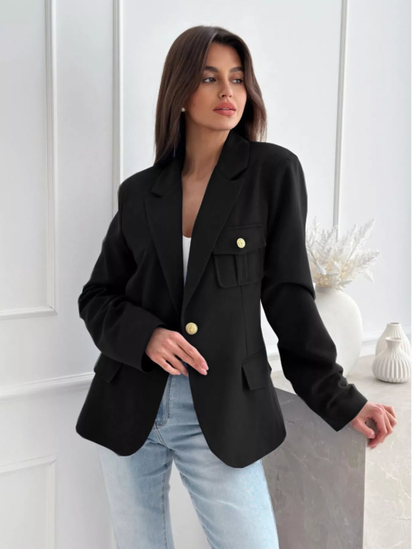 Lapel Collar One Button Blazer OutfitFlow