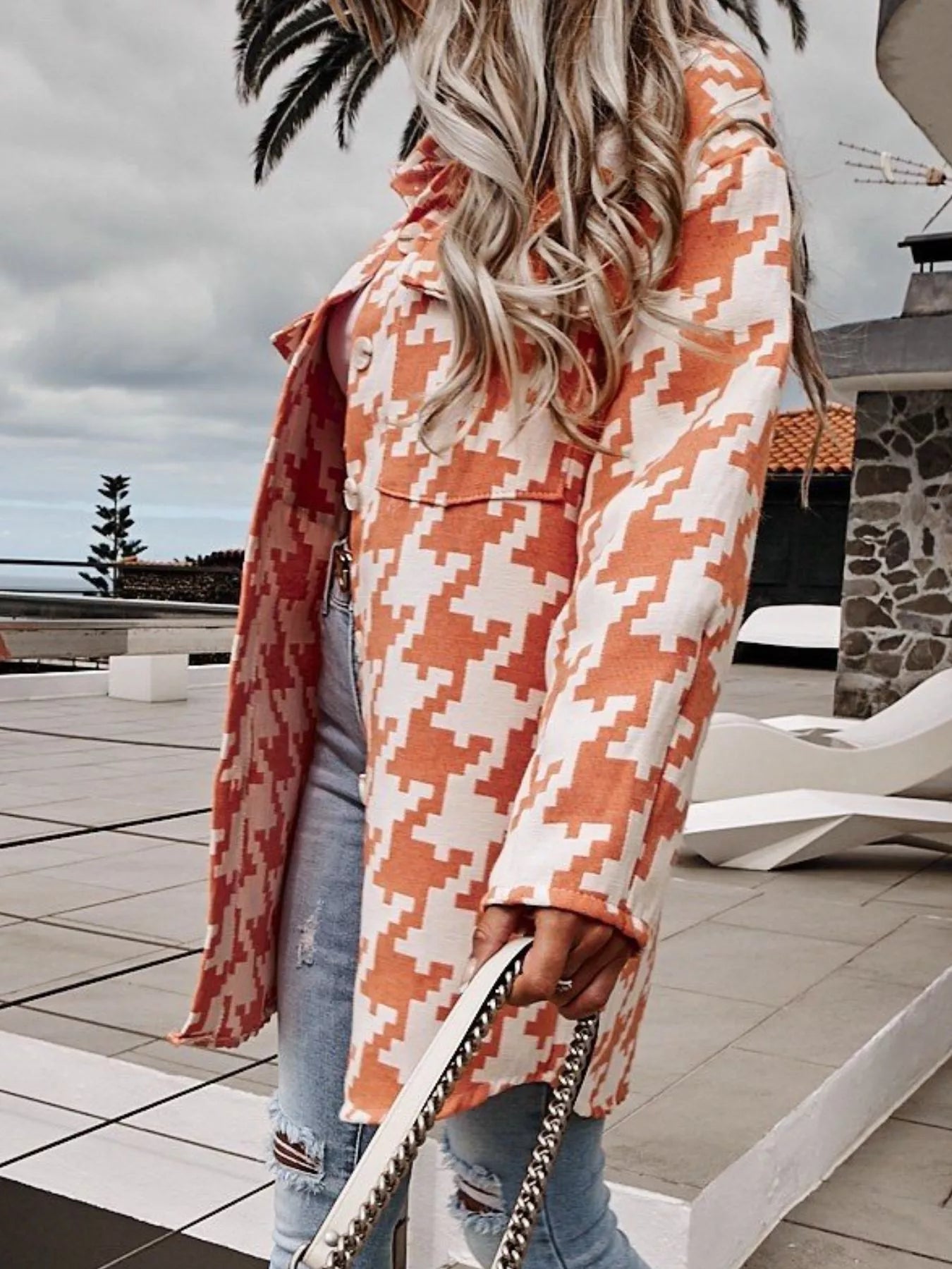 Houndstooth Button Up Long Sleeve Outerwear OutfitFlow