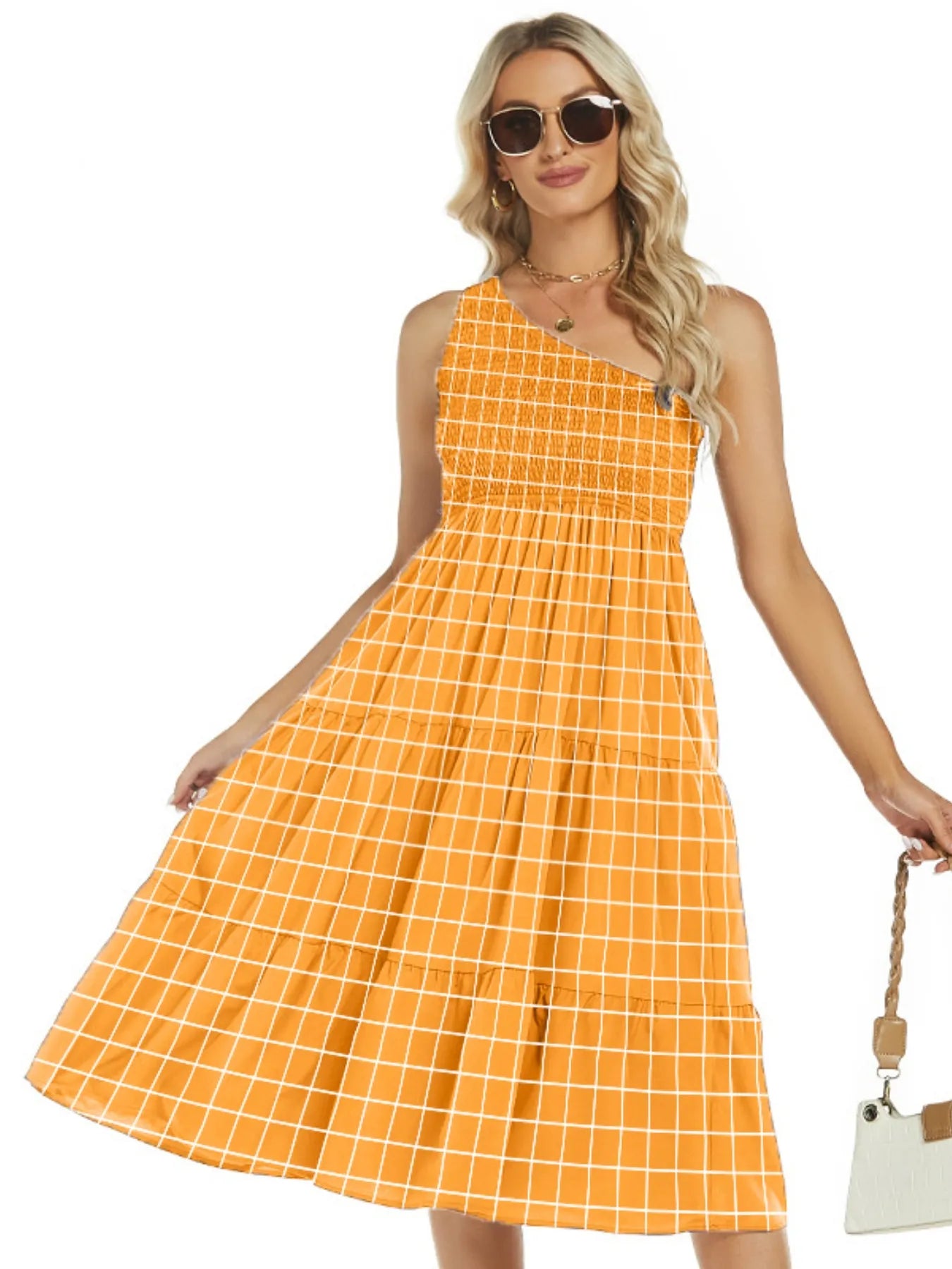 One-Shoulder Tiered Midi Dress with Smocked Bodice OutfitFlow