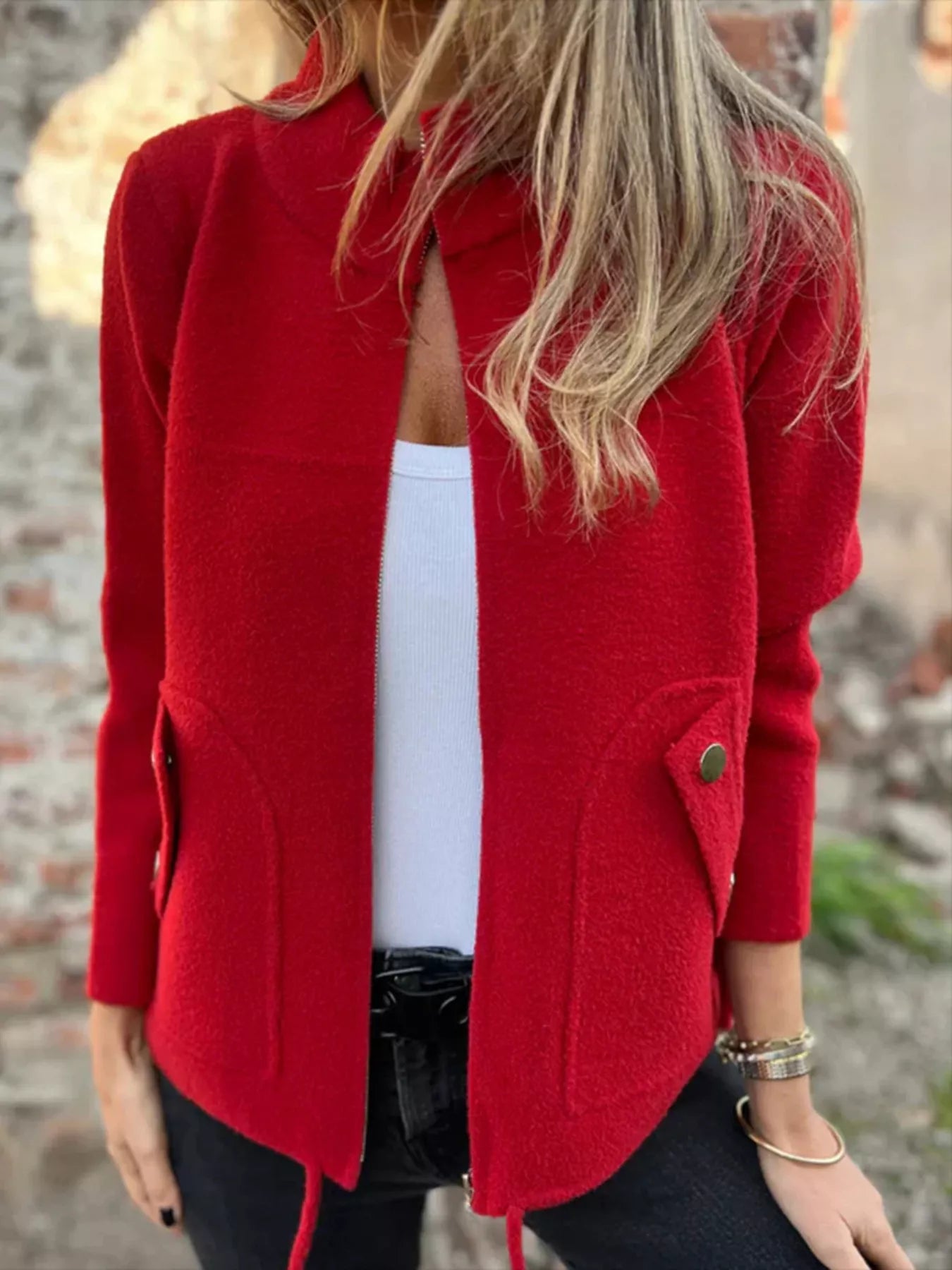 Full Size Textured Knit Zip Up Outerwear Plus Size Red Trendsi