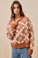 BiBi Flower Pattern Long Sleeve Sweater OutfitFlow