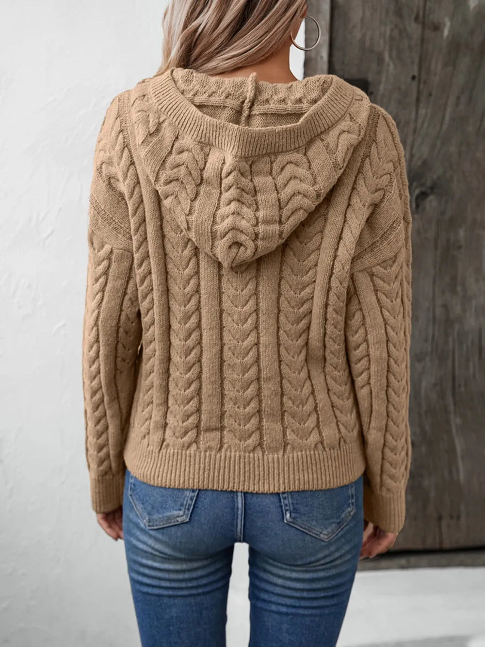 Cable-Knit Long Sleeve Hooded Sweater Trendsi