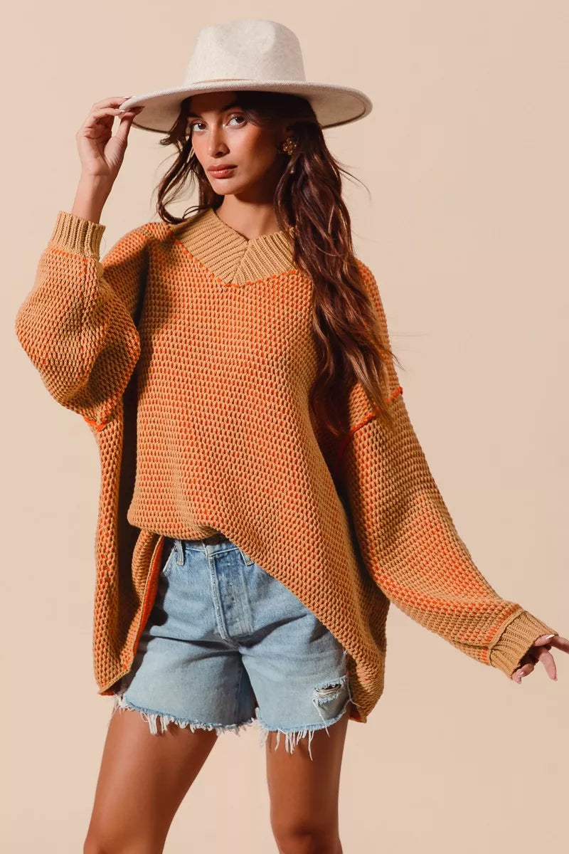 SO ME Oversized Two Tone Textured V Neck Sweater OutfitFlow