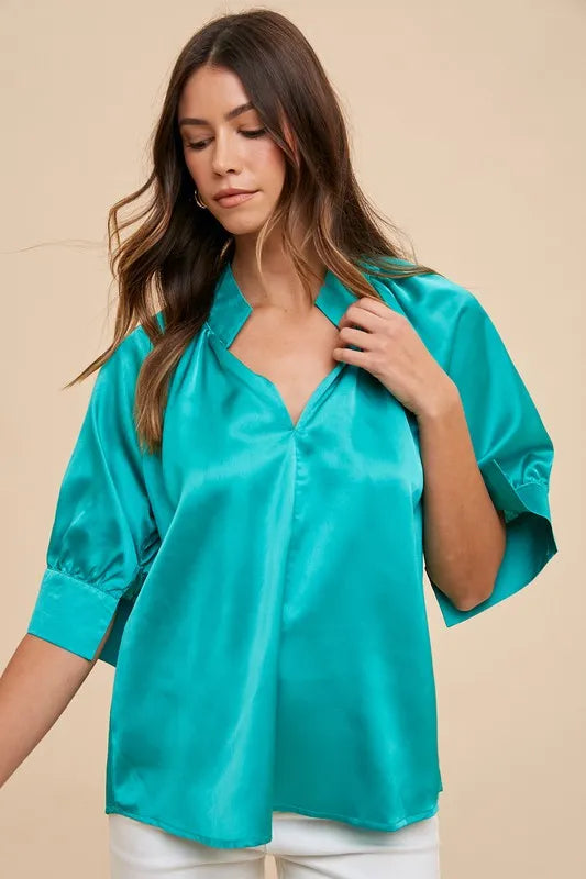 Annie Wear Satin V Neck Open Short Sleeve Woven Blouse Top OutfitFlow