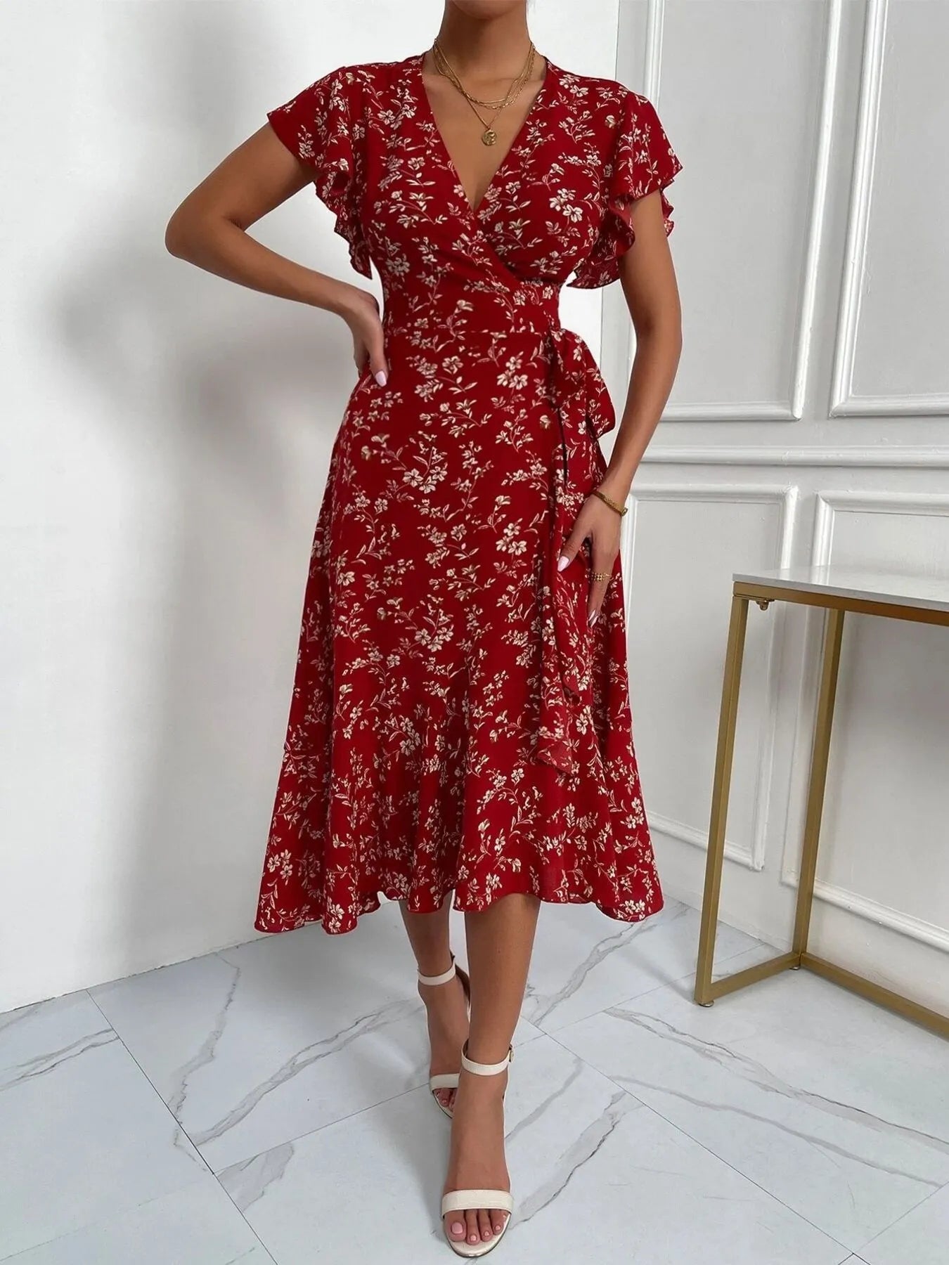 Floral Ruffle Sleeves Midi Dress OutfitFlow