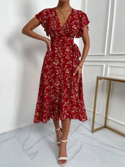 Floral Ruffle Sleeves Midi Dress OutfitFlow
