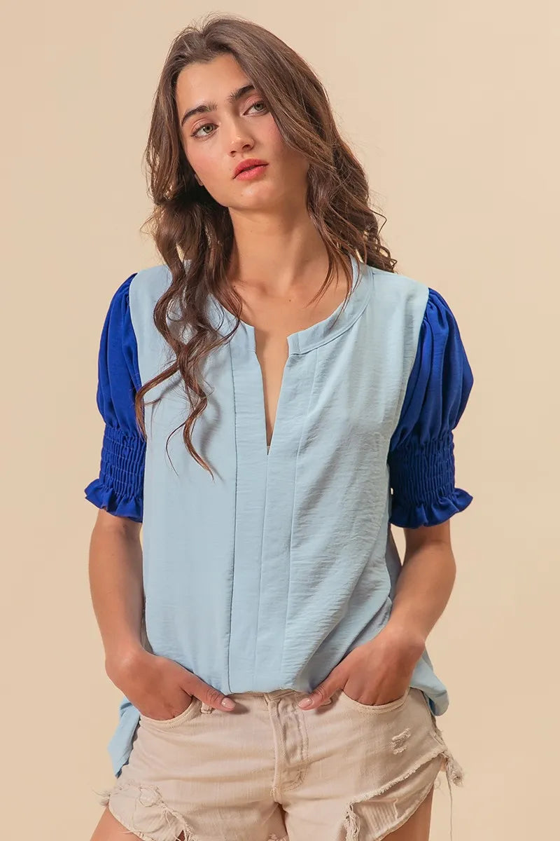 BiBi Air Flow Color Block Puff Sleeves V Neck Top OutfitFlow