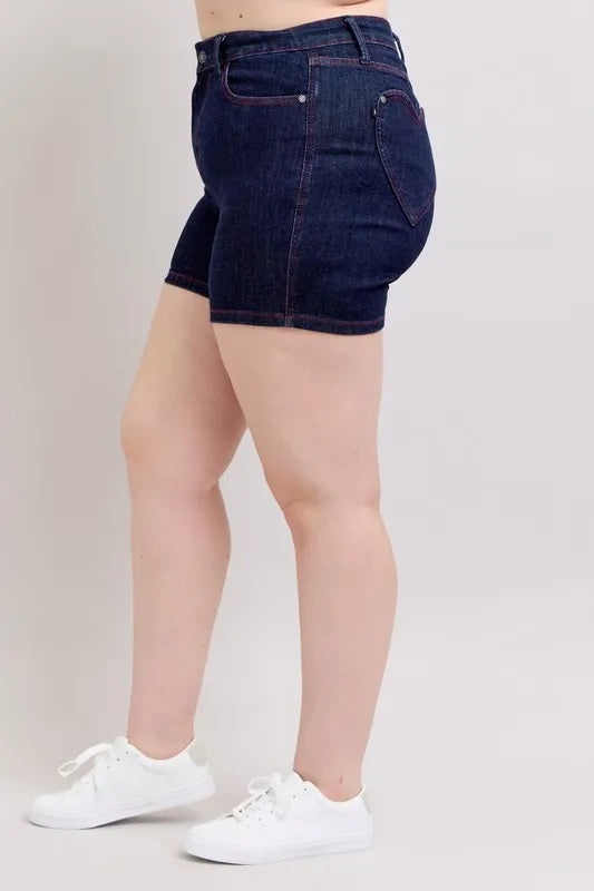 Judy Blue Full Size High Waist Heart Shaped Pkts & Red Contrast Thread Denim Shorts Plus Size OutfitFlow