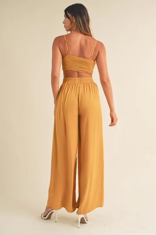 MABLE Smocked Bralette Crop Top and Wide Leg Pants Set OutfitFlow
