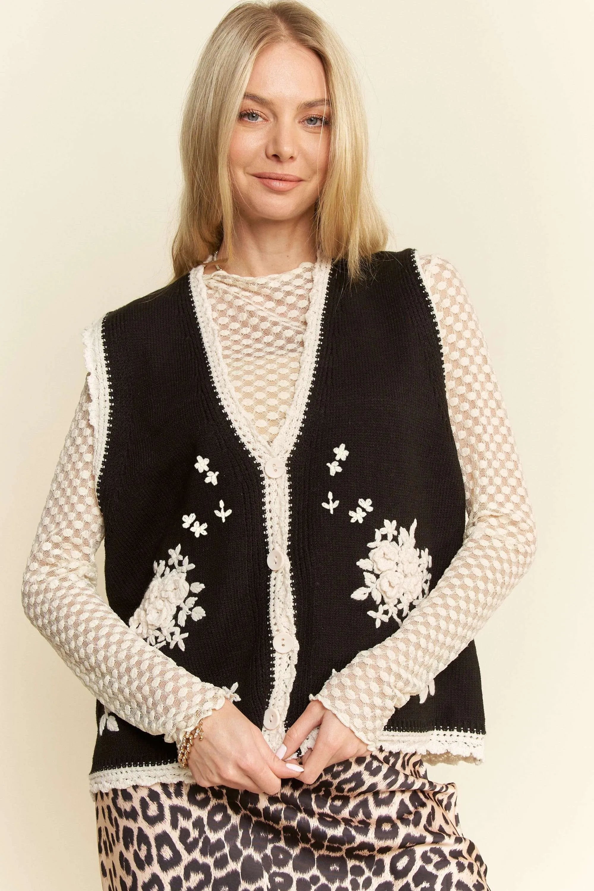 Davi & Dani Floral Embroidered Lace Sweater Knit Vest OutfitFlow