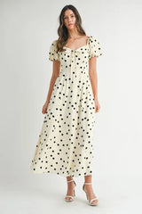 MABLE Polka Dot Puff Sleeve Midi Dress OutfitFlow