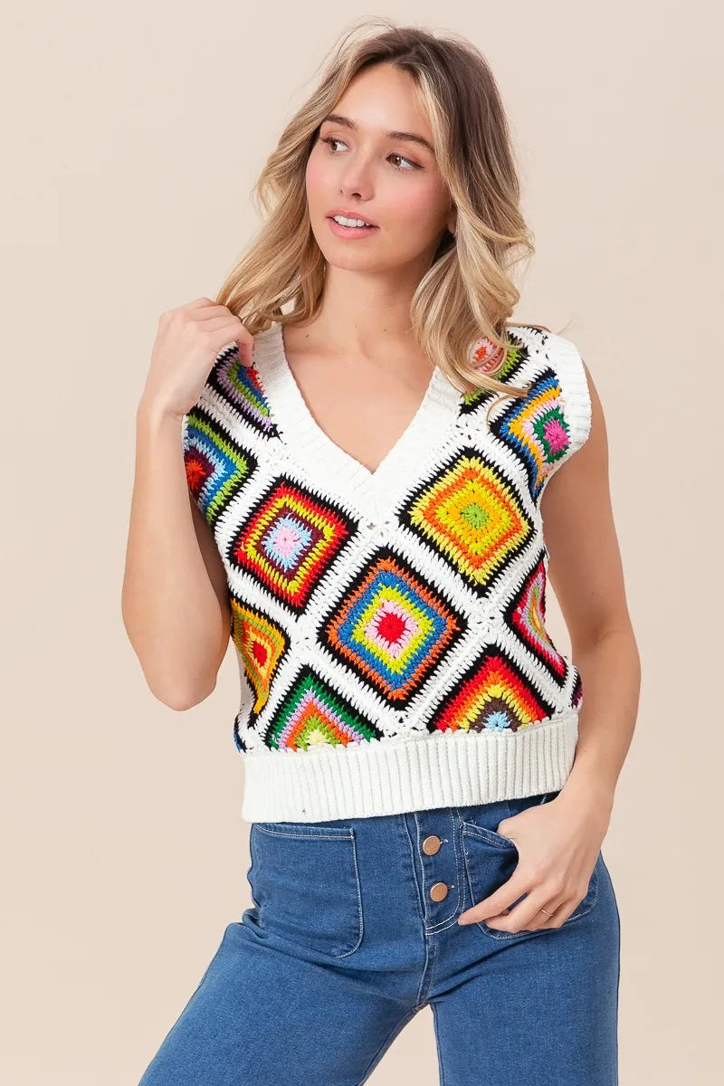 BiBi Diamond Granny Square Sweater Vest OutfitFlow